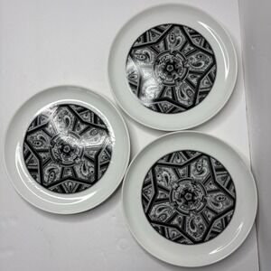 Sango Aquarius Limbo 202 Salad Plates Set of 3 Black White Paisley Japan 7.5"